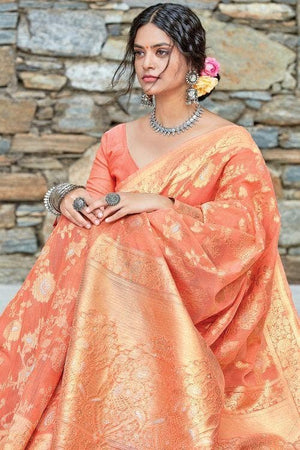 Coral Almond Peach Linen Saree