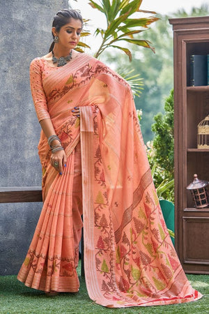 Coral Peach Linen Blend Saree