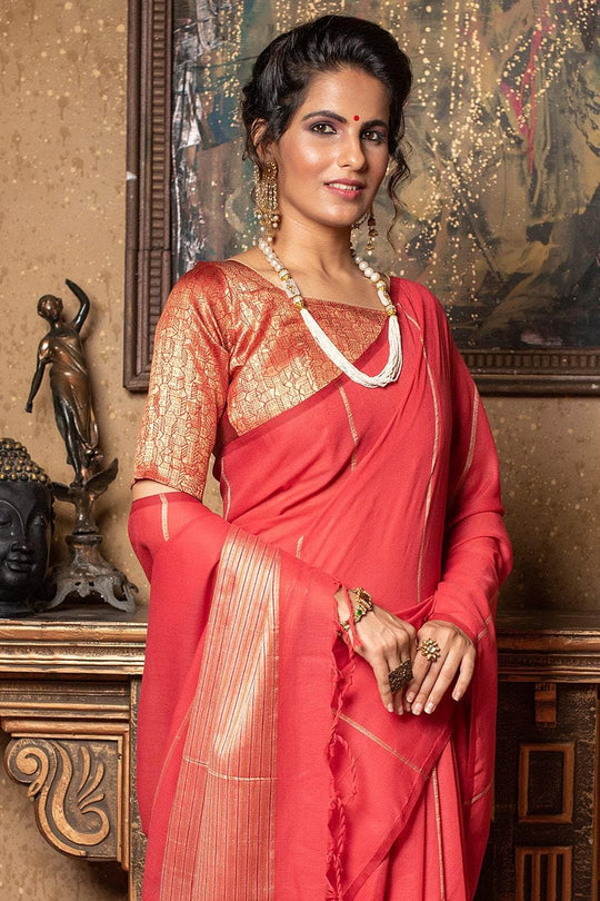 Coral Pink Linen Blend Saree