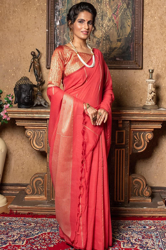 Coral Pink Linen Blend Saree