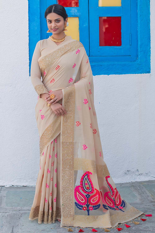 cream linen saree 