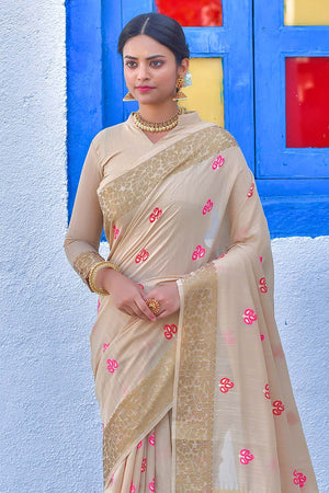 Cream Brown Linen Blend Saree