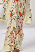 Buy the elegant Cream Floral Print Linen Saree online-Karagiri
