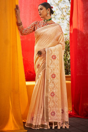 Cream Linen Blend Saree