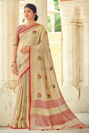 Cream Linen Blend Saree