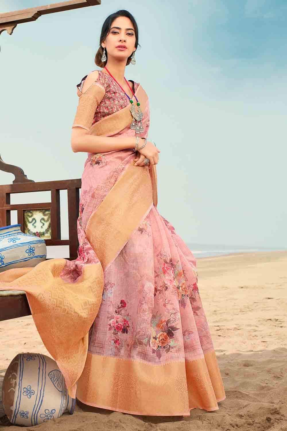 Linen Saree Crepe Pink Digital Printed Linen Saree saree online