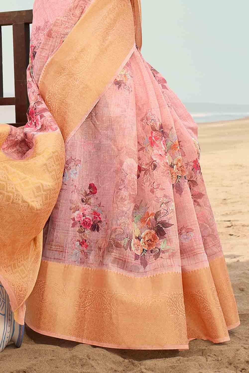 Linen Saree Crepe Pink Digital Printed Linen Saree saree online