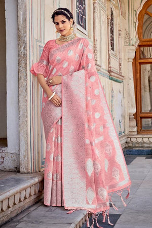 Crepe Pink Linen Blend Saree