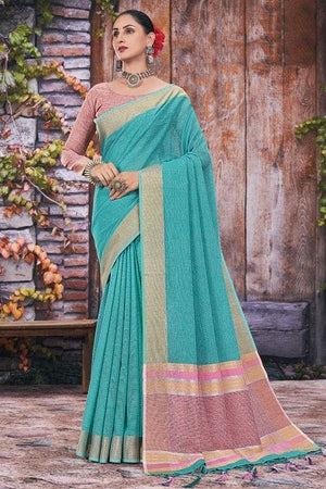 Cyan Blue Linen Blend Saree