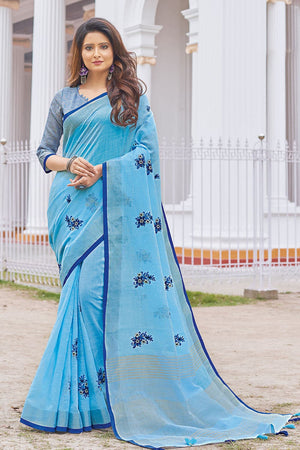 Cyan Blue Linen Blend Saree