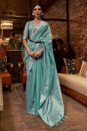 Cyan Blue Linen Blend Saree