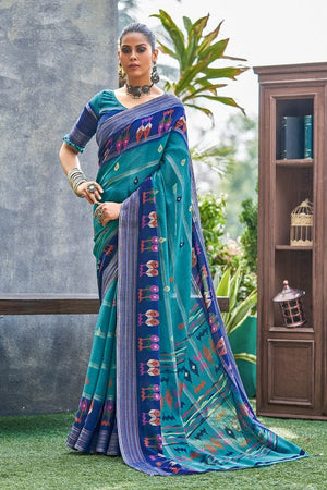 Cyan Blue Linen Blend Saree