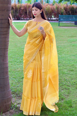 Daffodil Yellow Linen Blend Saree