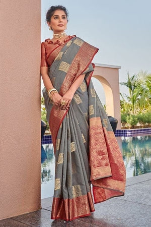 Dark Grey Linen Blend Saree