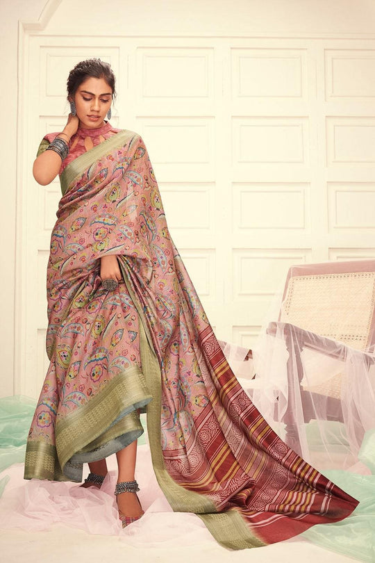 Linen Saree Digital Print Crepe Pink Linen Saree saree online