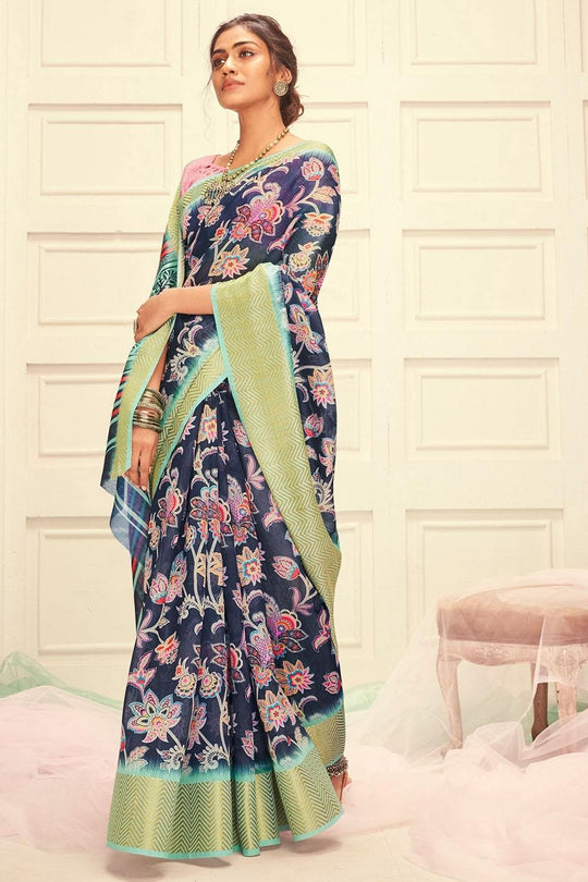 Linen Saree Digital Print Space Blue Linen Saree saree online