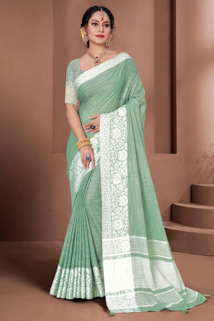 Emerald Green Linen Blend Saree