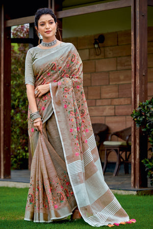 Fawn Brown Linen Blend Saree