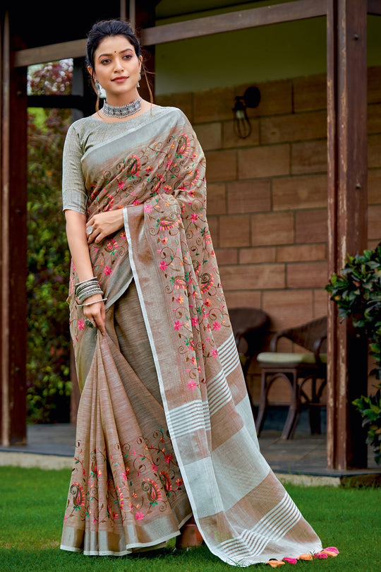 brown linen saree