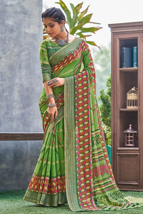 green linen saree