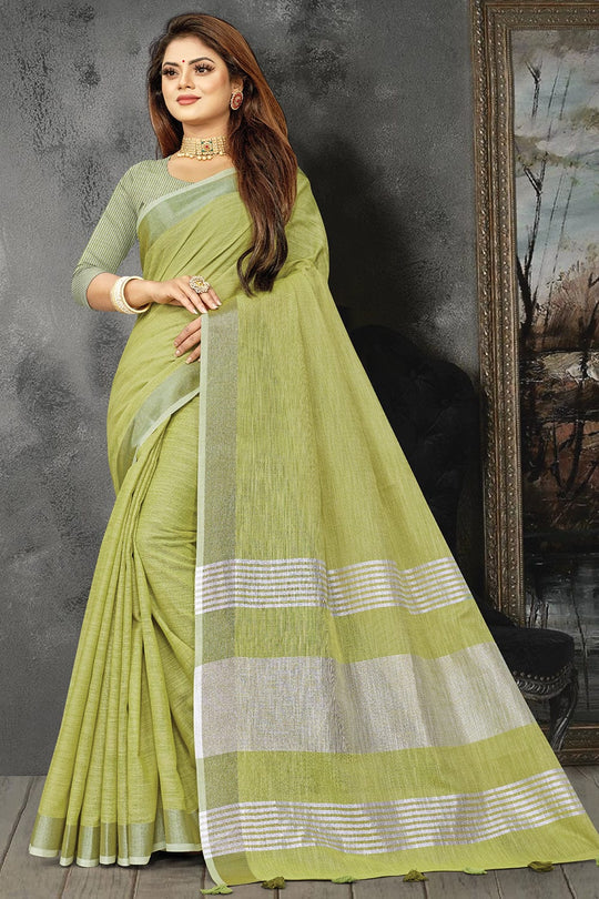 green linen saree