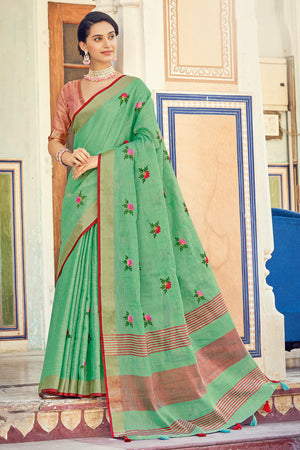Fern Green Linen Blend Saree