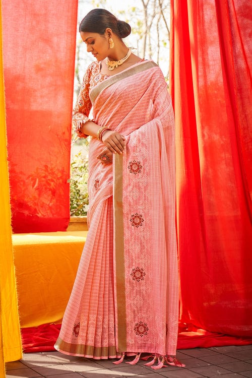 pink linen saree