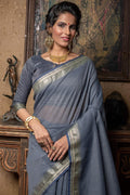 Flint Grey Plain Linen Blend Saree