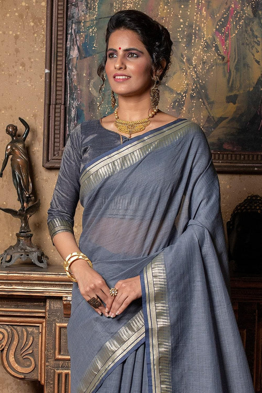 Flint Grey Plain Linen Blend Saree