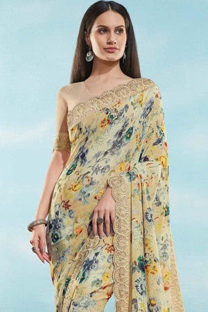 Floral Print Linen Saree