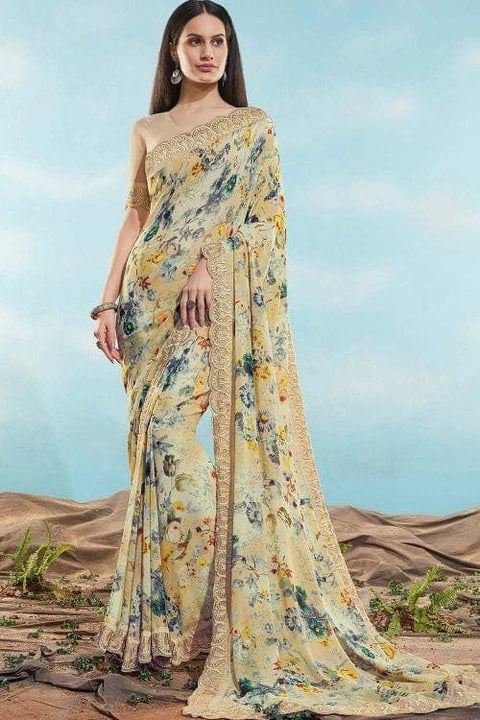 Buy Floral Print Linen Saree online-Karagiri