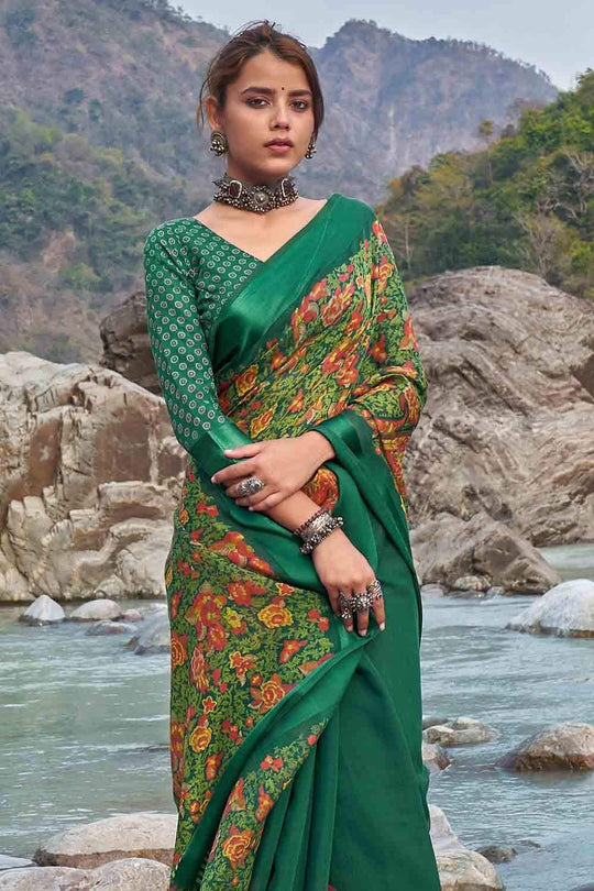 Forest Green Floral Printed Linen Blend Saree