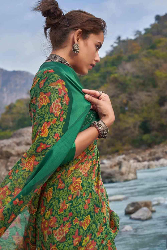 Forest Green Floral Printed Linen Blend Saree