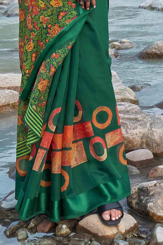 Forest Green Floral Printed Linen Blend Saree