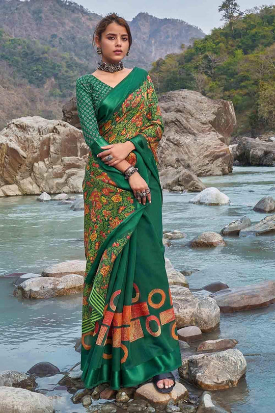 Forest Green Floral Printed Linen Blend Saree
