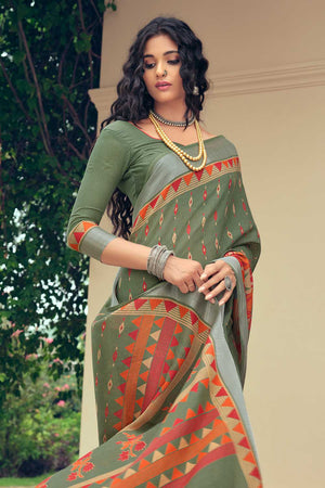 Forest Green Linen Blend Saree