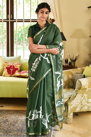 Forest Green Linen Blend Saree