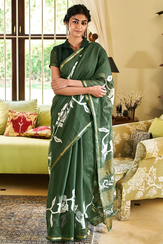 green linen saree