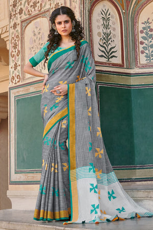 Frost Grey Linen Blend Saree