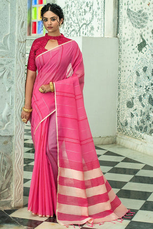Fuscia Pink Linen Blend Saree