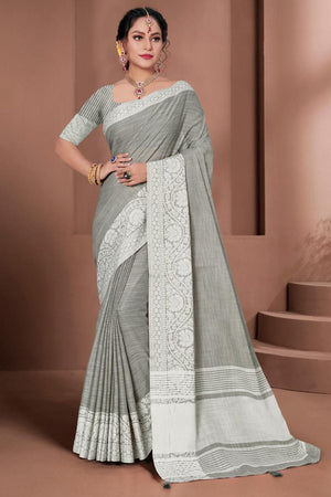 Grey Linen Blend Saree