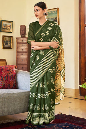 Hunter Green Linen Blend Saree