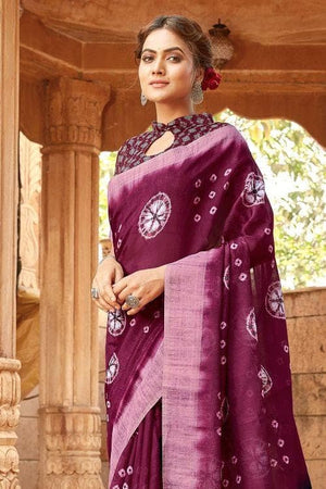 Jam Purple Printed Linen Saree
