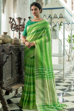 Kelly Green Linen Blend Saree