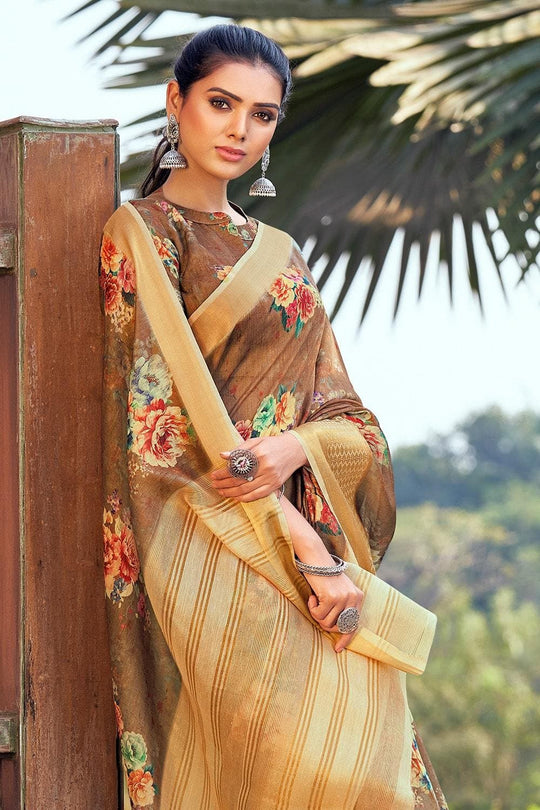 Khaki Brown Linen Blend Saree