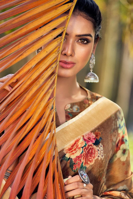 Khaki Brown Linen Blend Saree