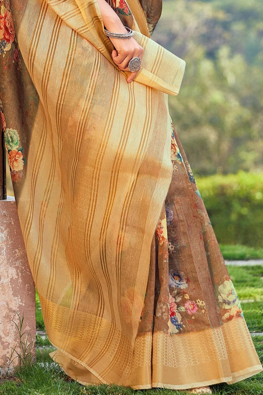 Khaki Brown Linen Blend Saree