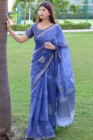 Lapis Blue Linen Blend Saree
