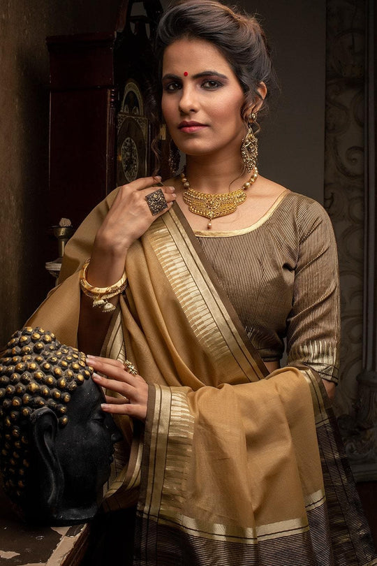 Latte Yellow Plain Linen Blend Saree