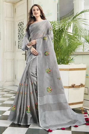 Laurel Grey Linen Saree